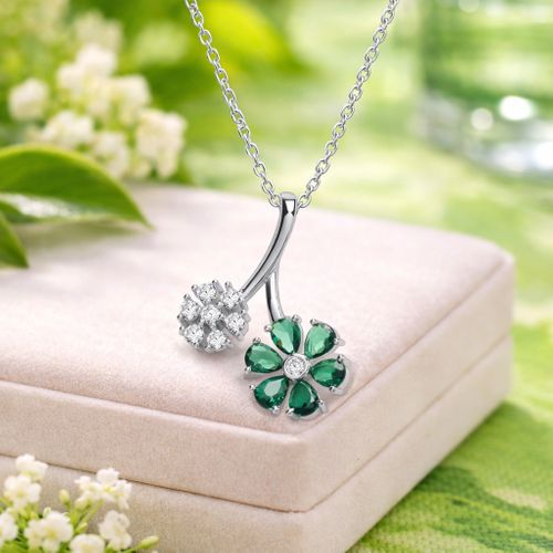 Silver & Emerald Cubic Zirconia Floral Bloom Necklace