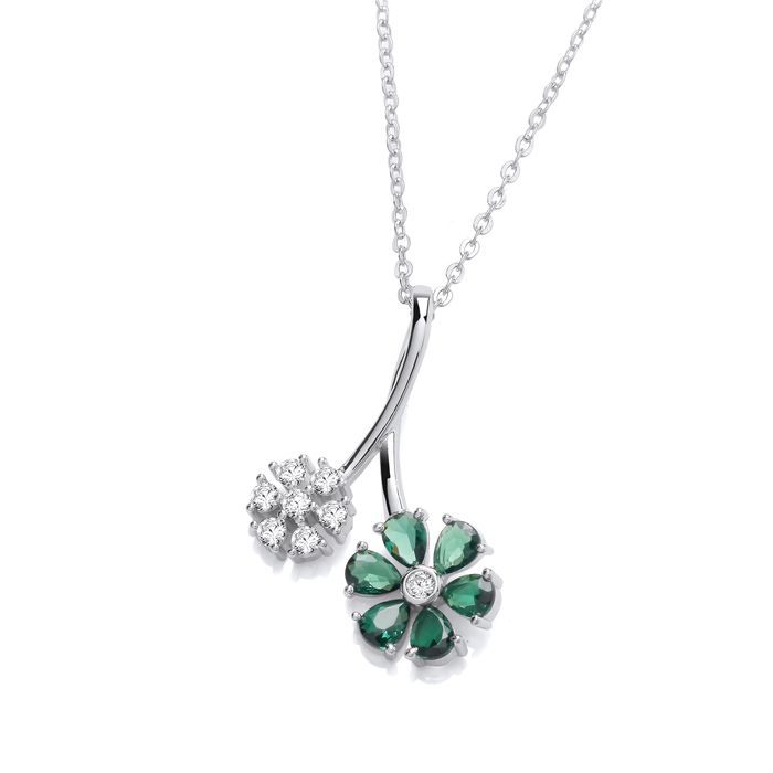 Silver & Emerald Cubic Zirconia Floral Bloom Necklace