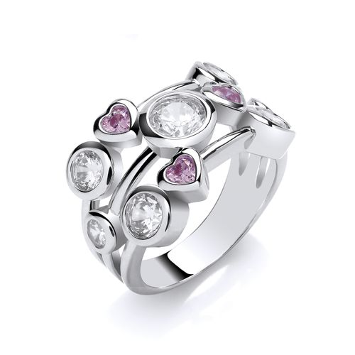 Silver & Pink Hearts Cubic Zirconia Bubble Ring