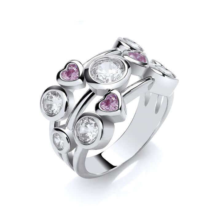 Silver & Pink Hearts Cubic Zirconia Bubble Ring
