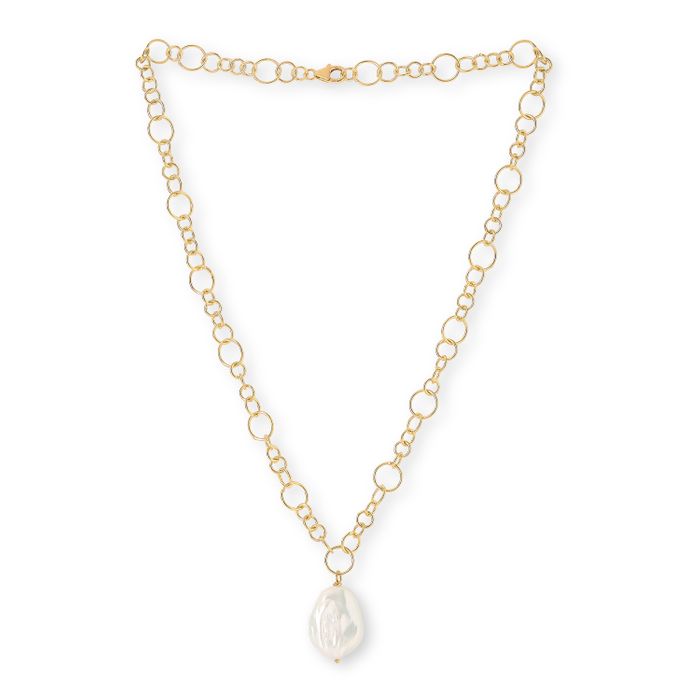 Large keishi pearl pendant on gold plated sterling silver chunky chain with silver clasp