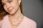 Large pink ‘fireball’ cultured freshwater pearl necklace with figure of eight pave clasp