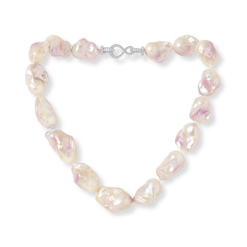 Large pink ‘fireball’ cultured freshwater pearl necklace with figure of eight pave clasp