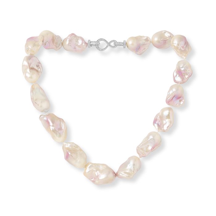 Large pink ‘fireball’ cultured freshwater pearl necklace with figure of eight pave clasp
