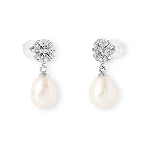 Earrings: Sterling silver pave snowflake studs with pearl drops