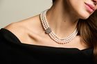Triple strand cultured freshwater pearl necklace with silver oblong pave clasp