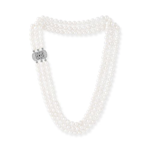 Triple strand cultured freshwater pearl necklace with silver oblong pave clasp