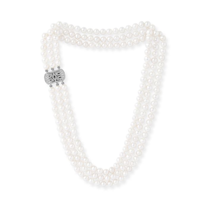 Triple strand cultured freshwater pearl necklace with silver oblong pave clasp