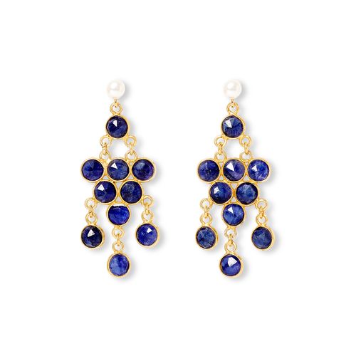 Pearl drop chandelier earrings with semi-precious- sapphire