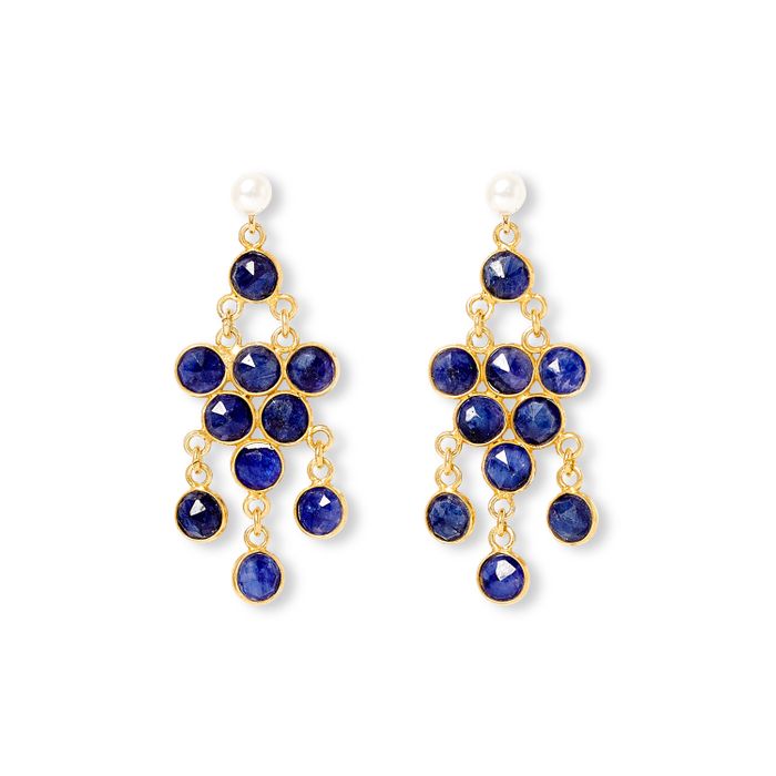 Pearl drop chandelier earrings with semi-precious- sapphire