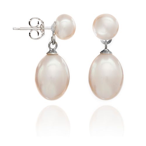 White pearl stud with hanging pearl below