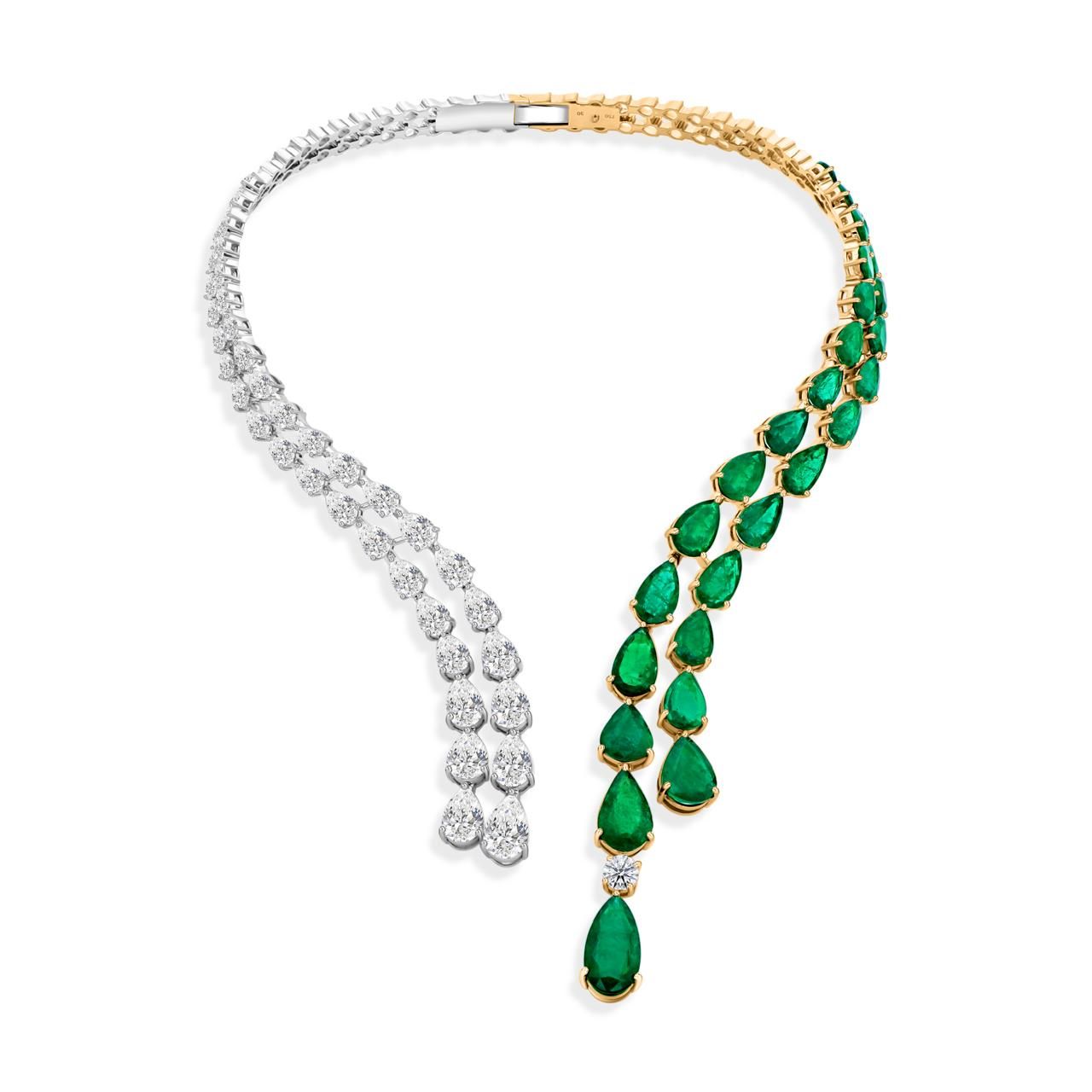 18kt yellow and white gold Choker studded with Natual Pear Shape Diamonds and Natural Zambian Emeralds