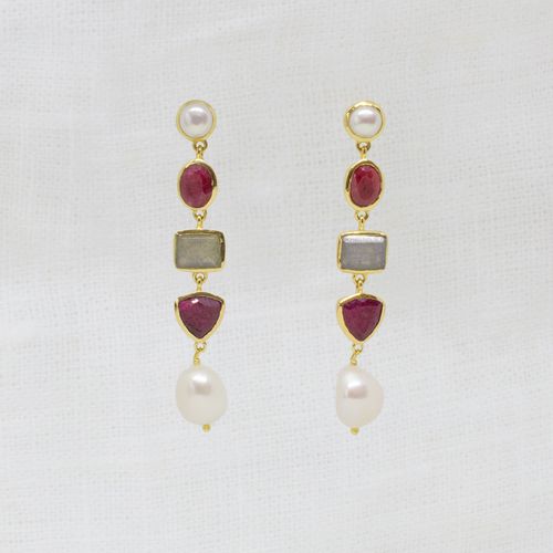 Iris Earrings in Pearl, Ruby and Labradorite