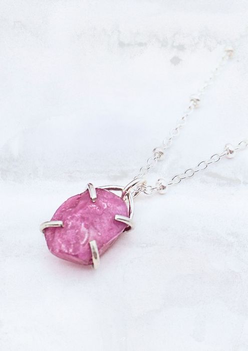 Minimalist Raw Gemstone Birthstone Necklace - Sterling Silver on Satellite Chain