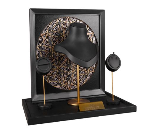 Black Leatherette Jewelry Display Set with Geometric Mandala Backdrop