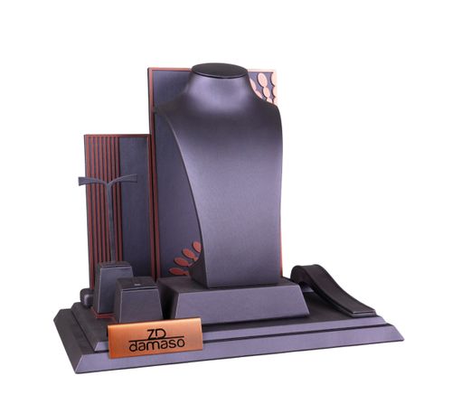 Regal Purple Leatherette Jewelry Display Set with Bronze Art-Deco Backdrops
