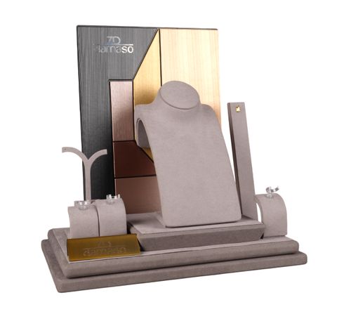 Modern Taupe Suede Jewelry Display Set with Mixed-Metal Backdrop