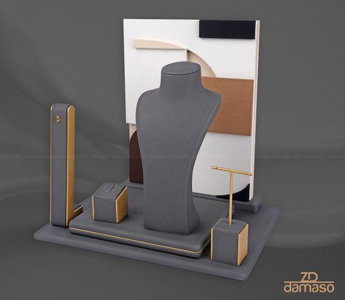 Charcoal Grey Suede Jewelry Display Set with Modern Art Color-Blocked Backdrop - ZD Damaso