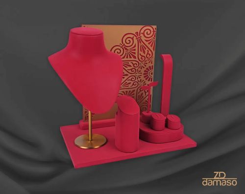 Bold Magenta Suede Jewelry Display Set with Gold Filigree Backdrop - ZD Damaso