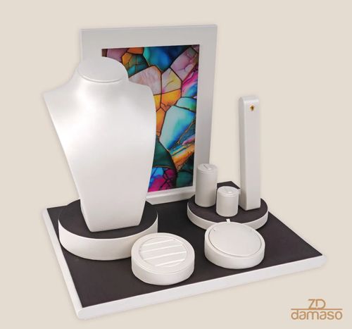 Pearl White Leatherette Jewelry Display Set with Stained-Glass Art Backdrop - ZD Damaso