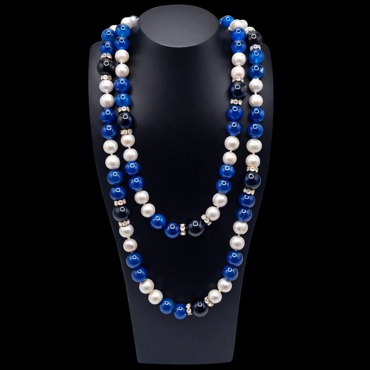 LAPIS LAZULI, ONYX & FRESHWATER PEARL ROPE NECKLACE