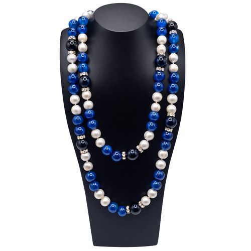 LAPIS LAZULI, ONYX & FRESHWATER PEARL ROPE NECKLACE