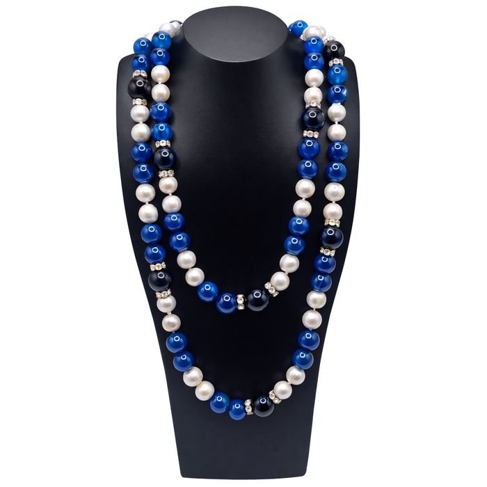 LAPIS LAZULI, ONYX & FRESHWATER PEARL ROPE NECKLACE