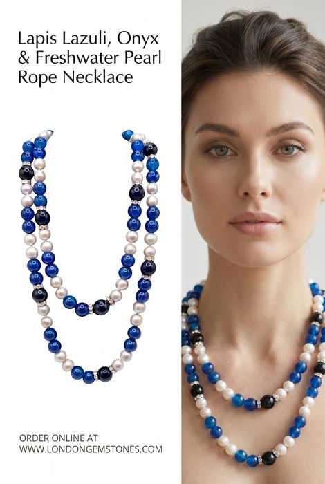 LAPIS LAZULI, ONYX & FRESHWATER PEARL ROPE NECKLACE