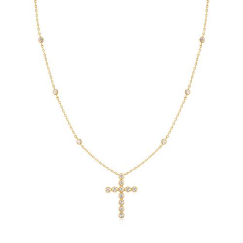 Gold Bezel-Set Station Necklace with Cross Pendant