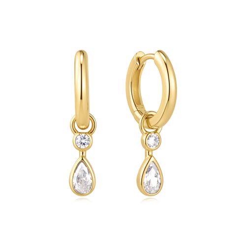 Gold Dangling Bezel Teardrop Huggie Hoop Earrings