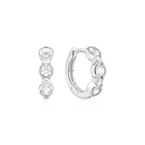 Silver Alternating Half-Bezel Huggie Hoop Earrings