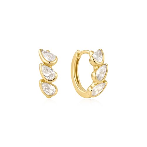 Gold Triple Half-Bezel Teardrop Huggie Hoop Earrings