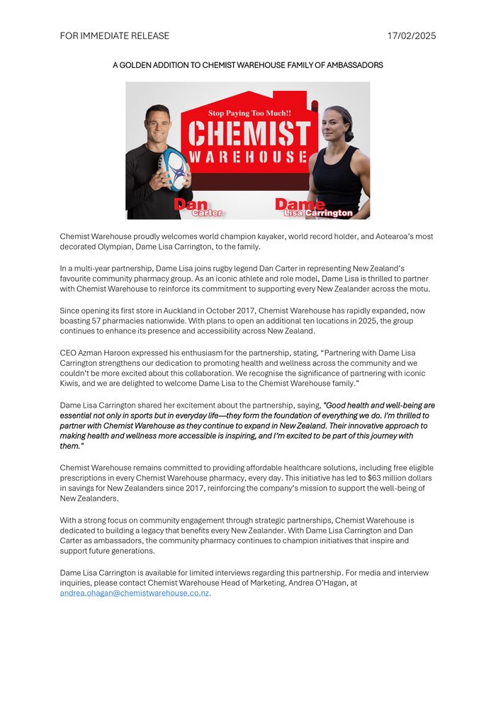 CHEMIST WAREHOUSE PRESS RELEASE