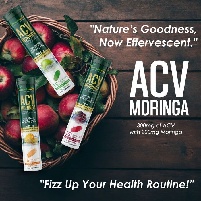 Vitaminnica ACV Moringa Effervescent Tablets 500mg Apple Cider Vinegar with No Added Sugar for Gut Health