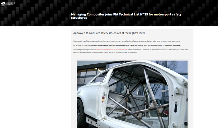 Managing Composites joins FIA Technical List Nº 35 for motorsport safety structures