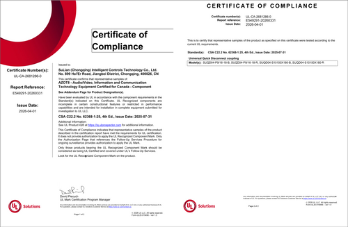 The UQD series has obtained authoritative UL certification and achieved North American market access.