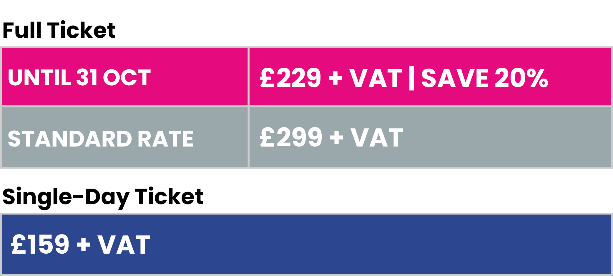 Book by 31 October for £229 +VAT, saving you 20%. Single-day tickets are £159 + VAT.