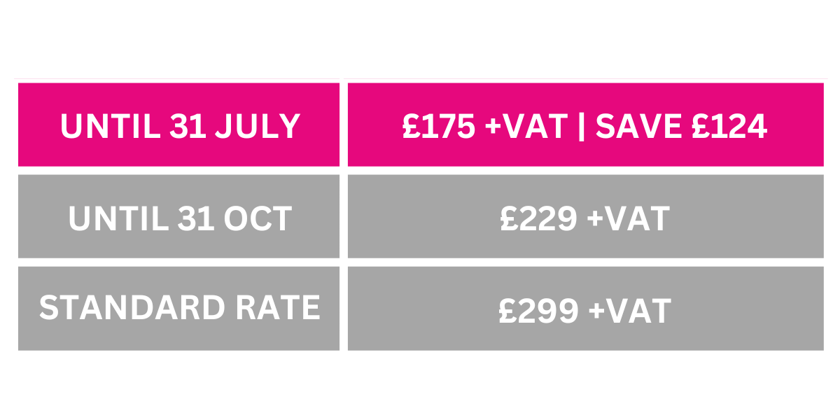 Pricing grid, Book by 31 July for £175 +VAT, saving you £124