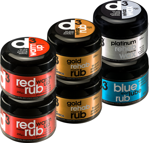 d3 Rubs & waxes - Gold Rehab rub, Red Pre Game warmup rub & Platimn Pre & Post wax
