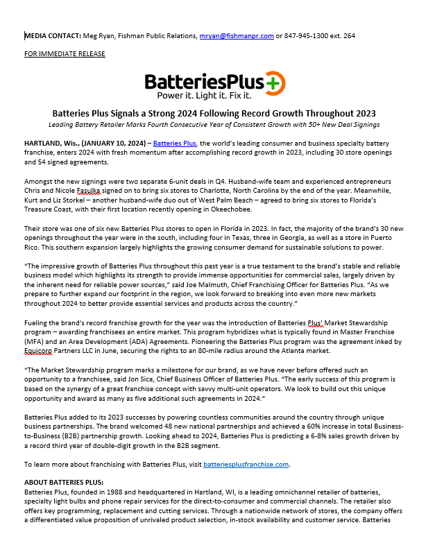 Batteries Plus Signals a Strong 2024 Following Record Growth Throughout 2023