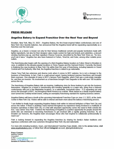 Press Release: Angelina Bakery to Expand Franchise Over the Next Year and Beyond