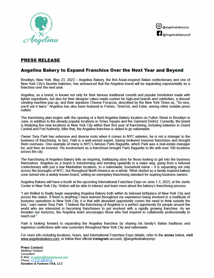 Press Release: Angelina Bakery to Expand Franchise Over the Next Year and Beyond