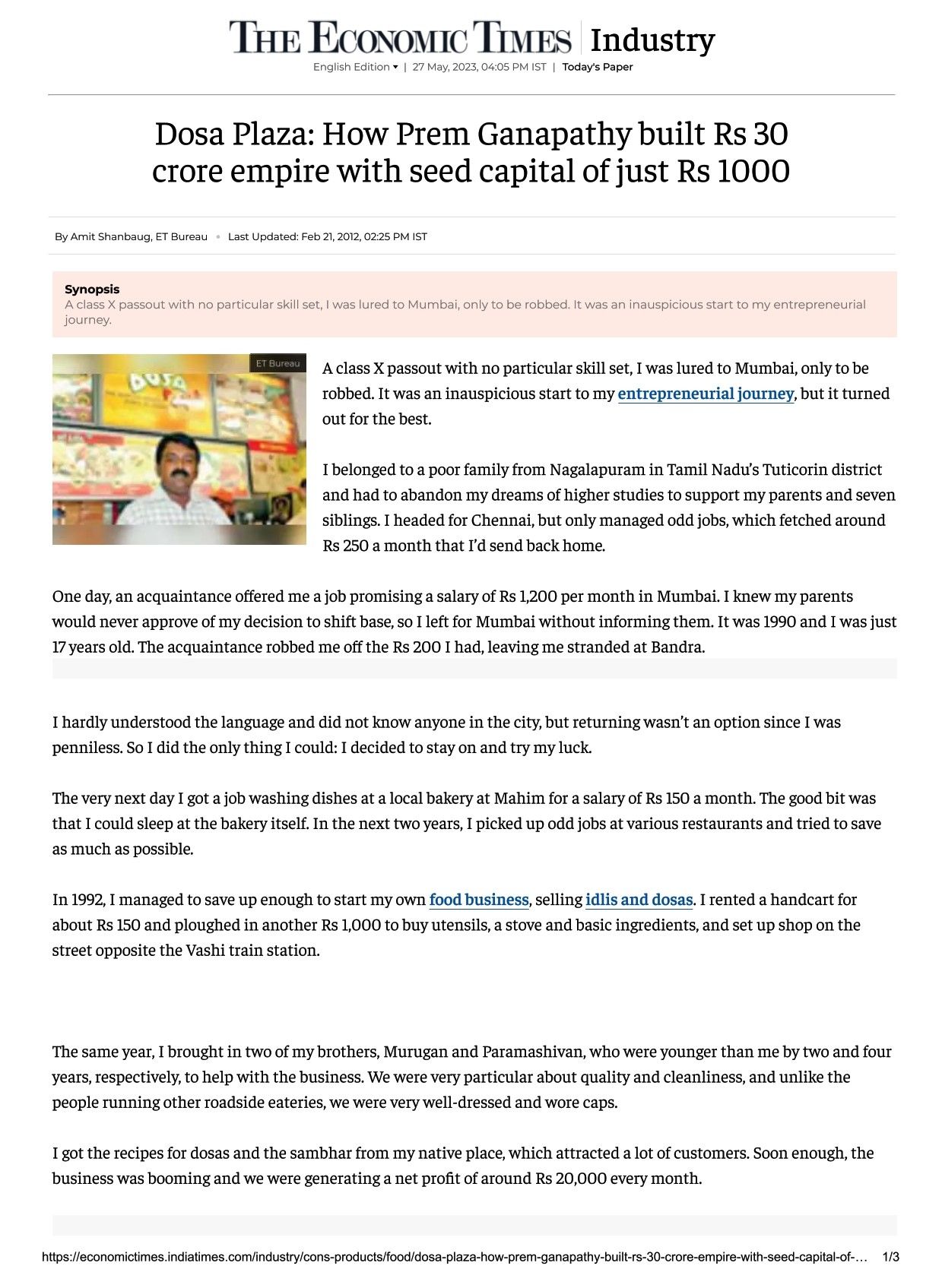 Dosa Plaza: How Prem Ganapathy built Rs 30 Crore empire with seed capital of just Rs 1000