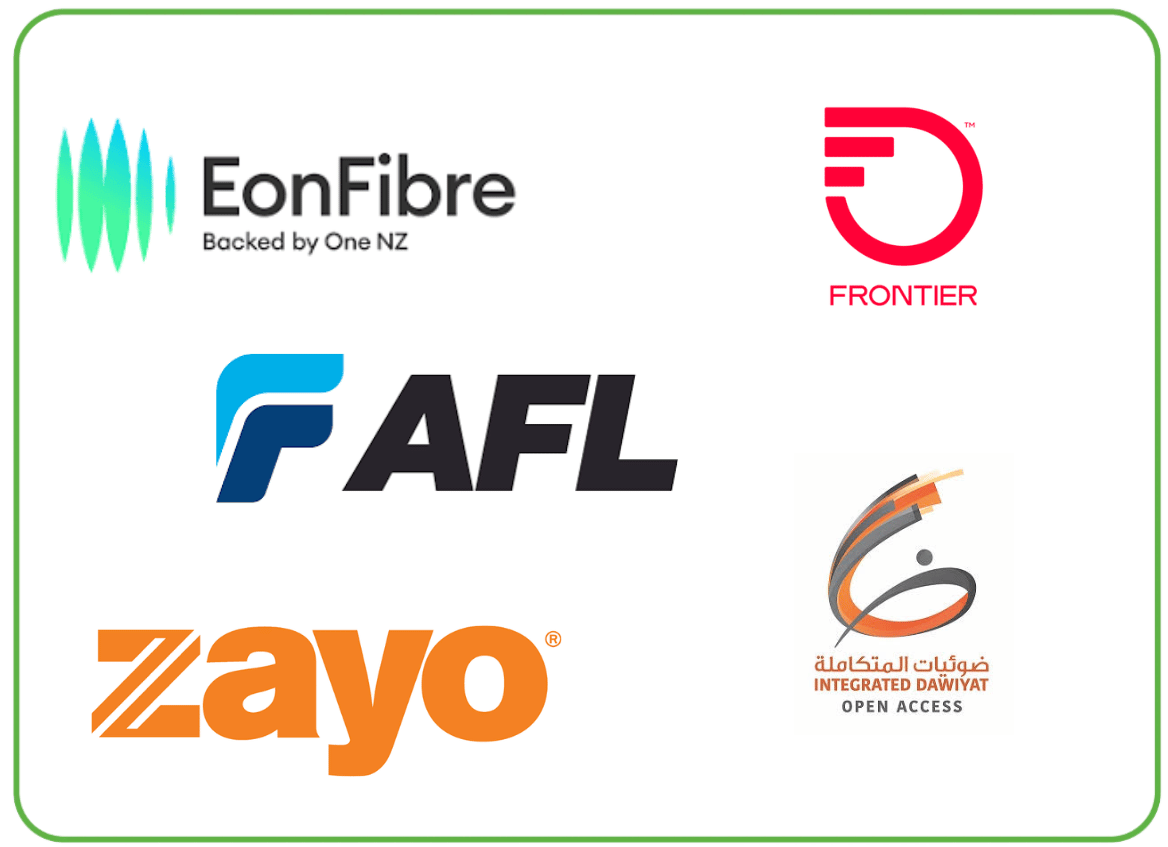 A display of Fiber Network Operators company logos within a green border. The logos shown are Zayo Europe, AFL Telco, Frontier, EonFiber