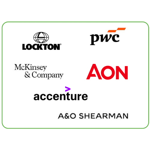 A display of advisory and services company logos within a green border. The logos shown are Caterpillar, PWC, AON, STULZ, Legrand
