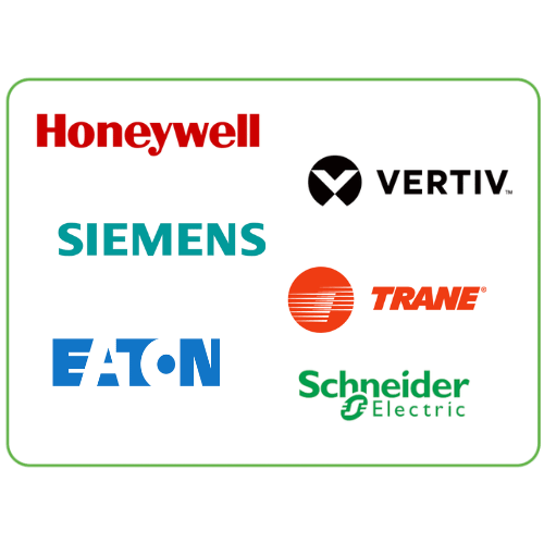 A grid of corporate partner logos inside a green-bordered card, representing OEMs. Logos include Honeywell, Siemens, Eaton, Vertiv, Trane