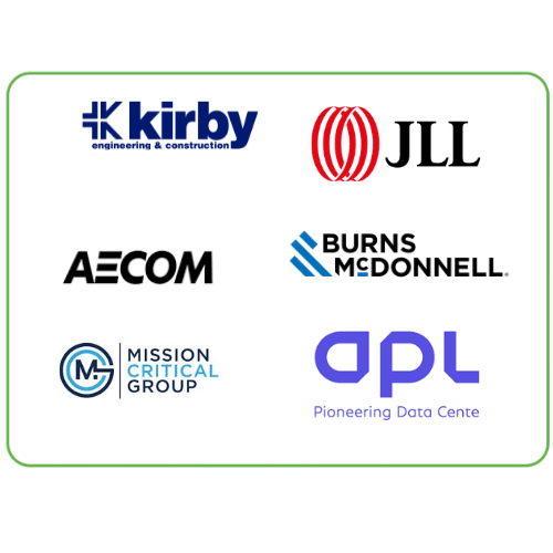 A collection of Data Center construction corporate logos enclosed in a green-bordered card. The logos include Kirby Engineering, APL, JLL, Aecom, Burns & McDonnell, Mission Critical Group