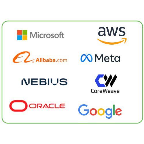 A collection of equipment vendor corporate logos enclosed in a green-bordered card. The logos include ABB, Cummins, Eaton, Hitachi, Schneider Electric, and Siemens Energy.