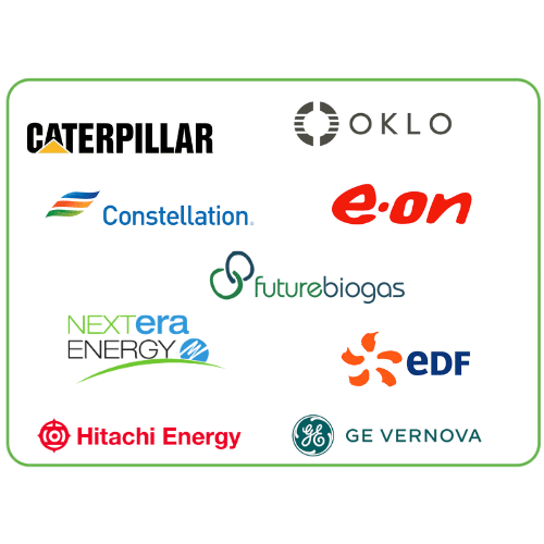 A grid of corporate partner logos inside a green-bordered card, representing power providers. The logos include AECOM, Arcadis, Equans Data Centers, Mercury, Sir Robert McAlpine, and Turner & Townsend.