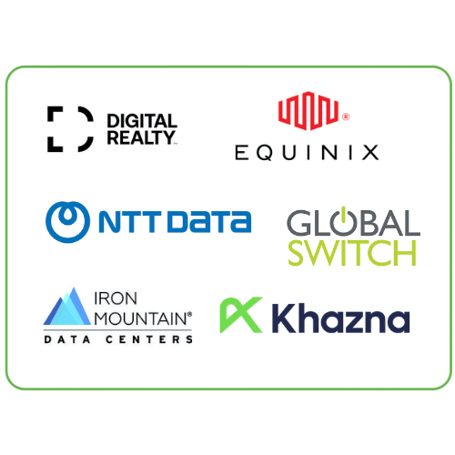 A display of data center company logos within a green border. The logos shown are Digital Realty, Equinix, Global Switch, NTT Data, Iron Mountain Data Center, and Khazna.